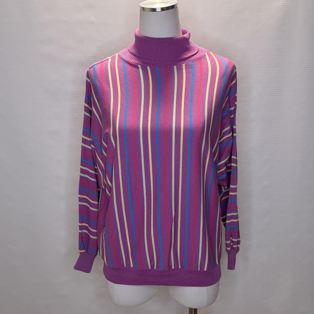 Vintage Ginni's Girl Sweater Womens Large Dolman Striped Mock Neck Made USA 80s